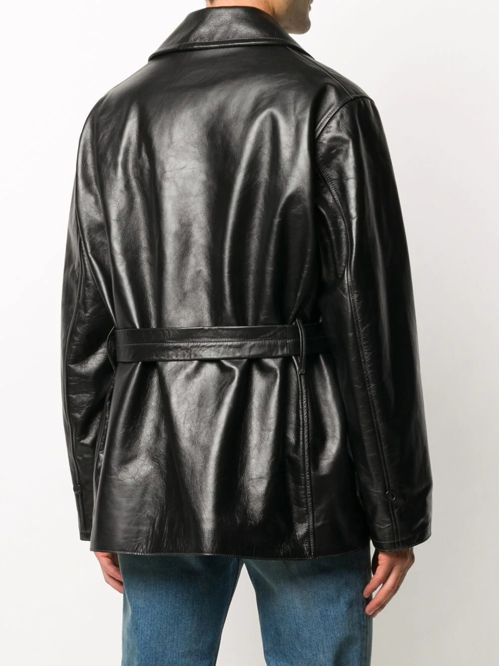 double-breasted belted leather jacket - 4