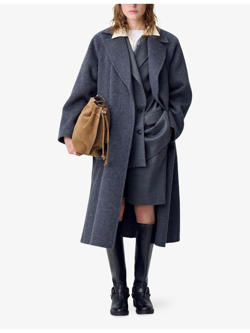 Claudie Pierlot Lapel-Collar Belted-Waist Long Wool-Blend Coat outlook