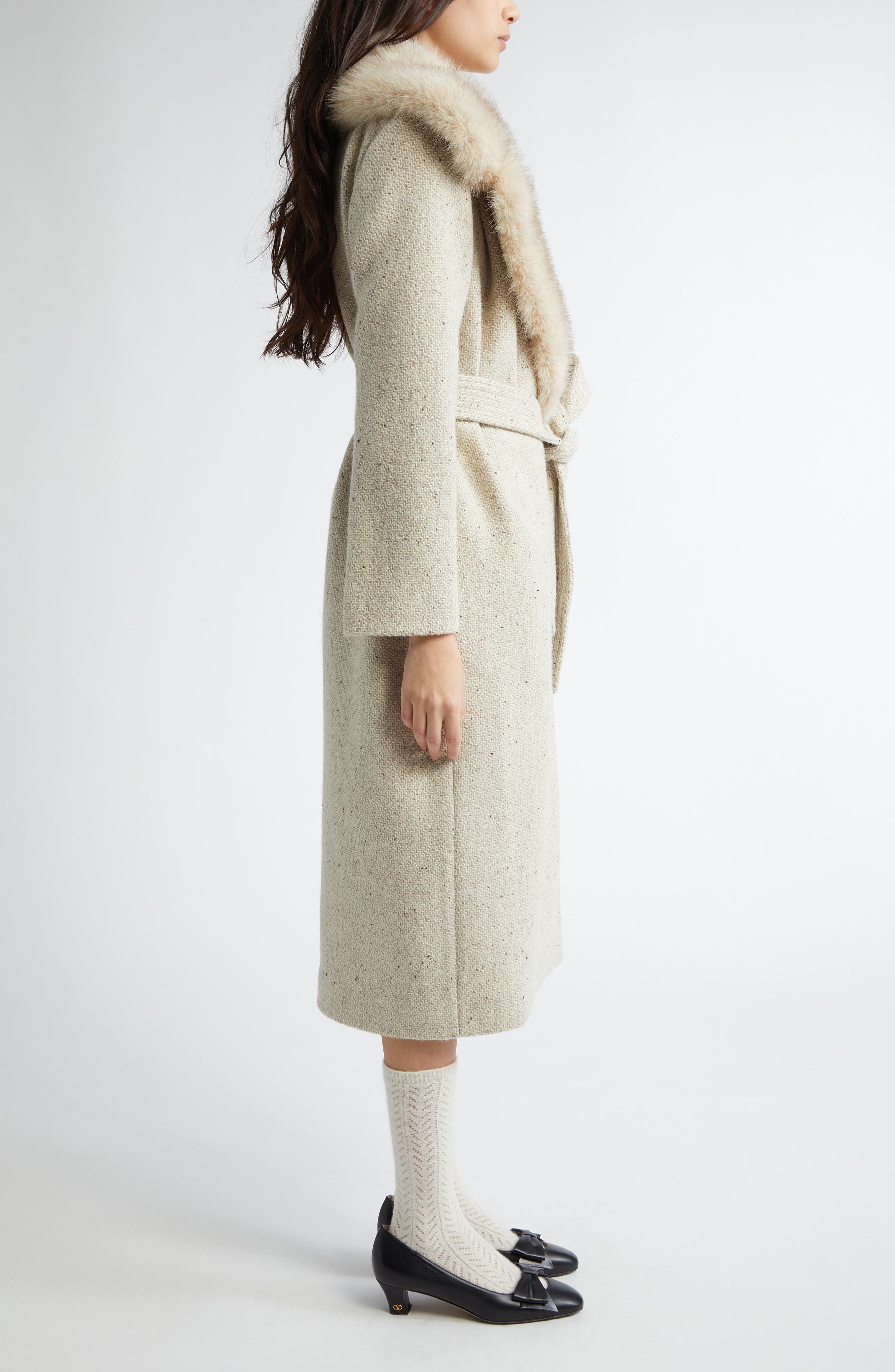 Valentino Garavani Virgin Wool Belted Coat with Faux Fur Collar in Cream Multi at Nordstrom - 4
