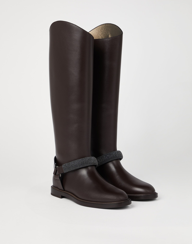 Matte calfskin knee high boots with precious ribbed strap 1