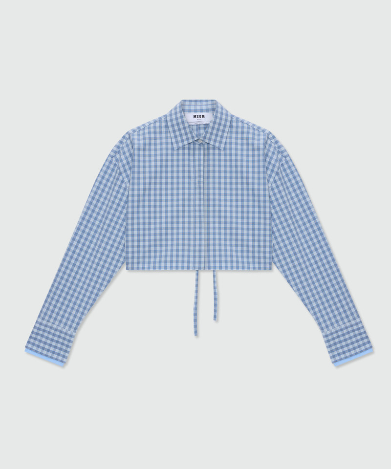 Light blue cropped cotton micro-check shirt with back opening 1
