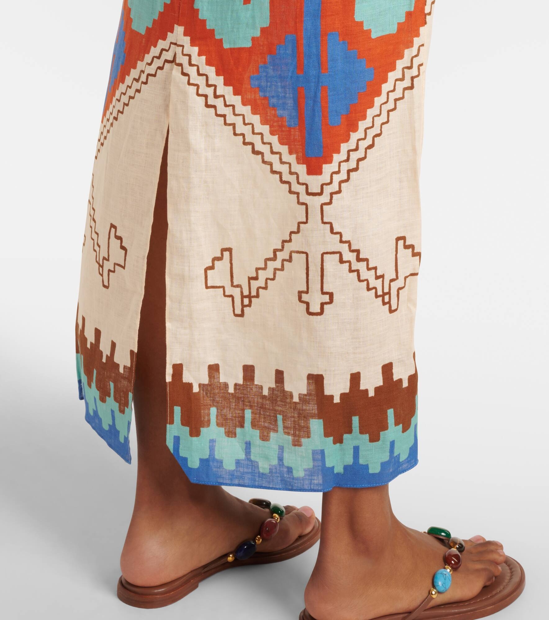 Printed tie-detail linen midi dress - 5