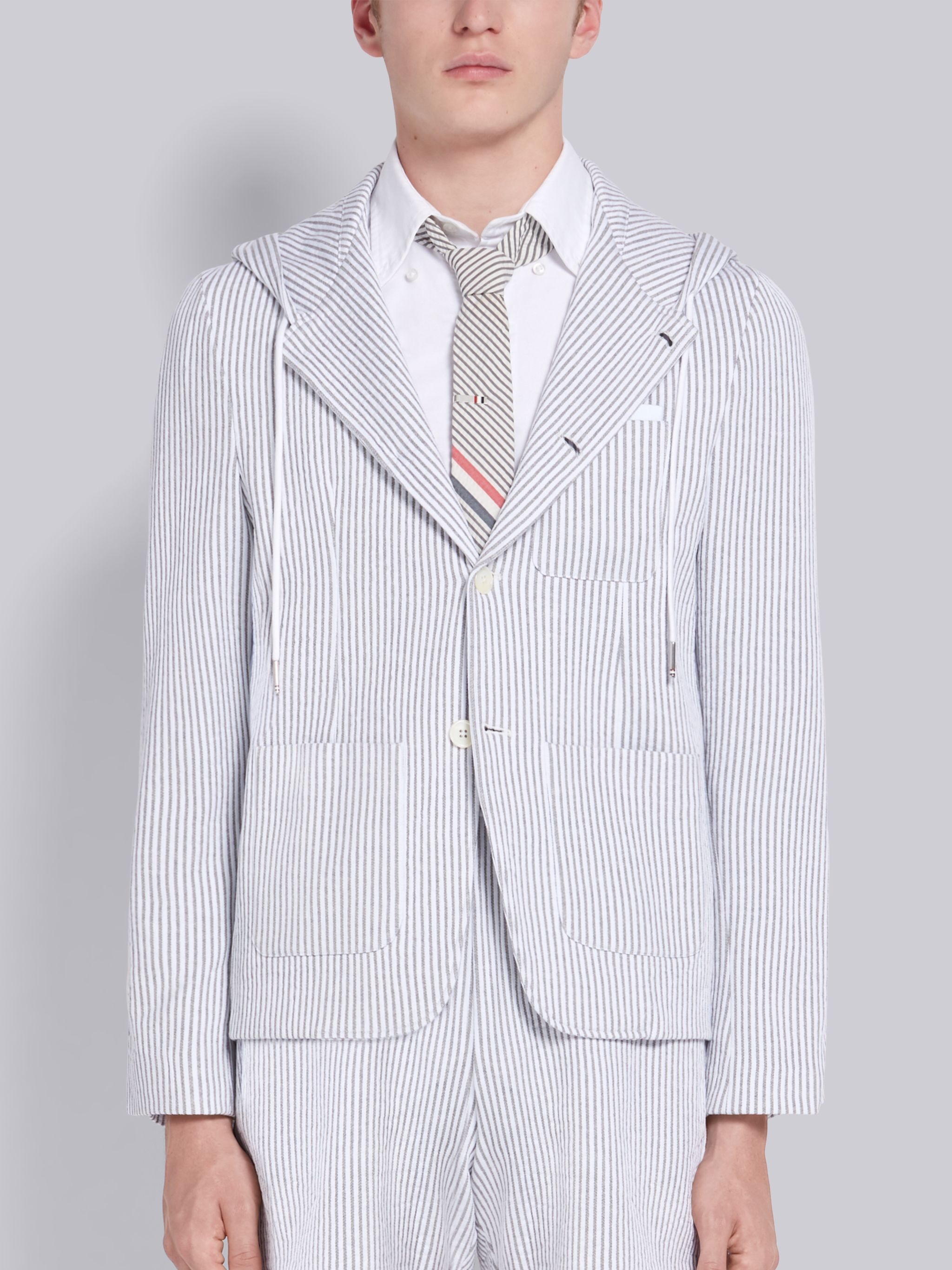 Light Grey Cotton Seersucker Stripe Hooded Blazer - 1