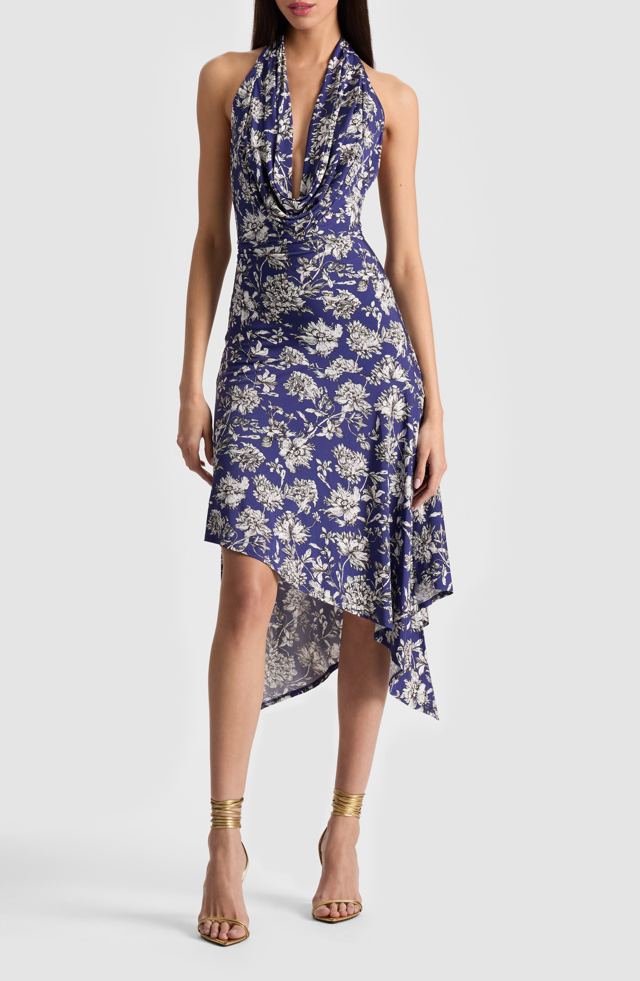 Alice + Olivia Dani Floral Asymmetric Halter Dress in Blooming Wild Indigo at Nordstrom - 1