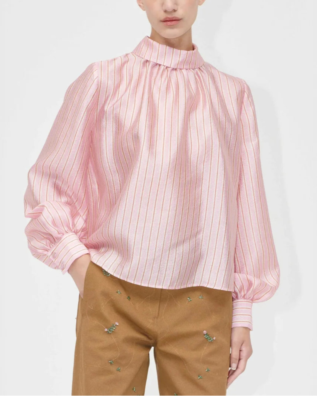 GATHERED LONG SLEEVE TOP ROSE PINSTRIPE - 2
