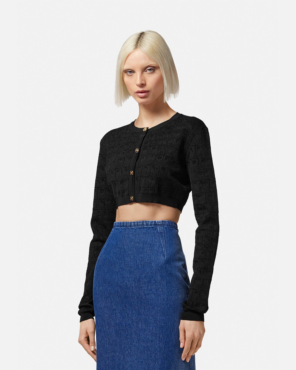 Croc-Jacquard Knit Crop Cardigan - 3