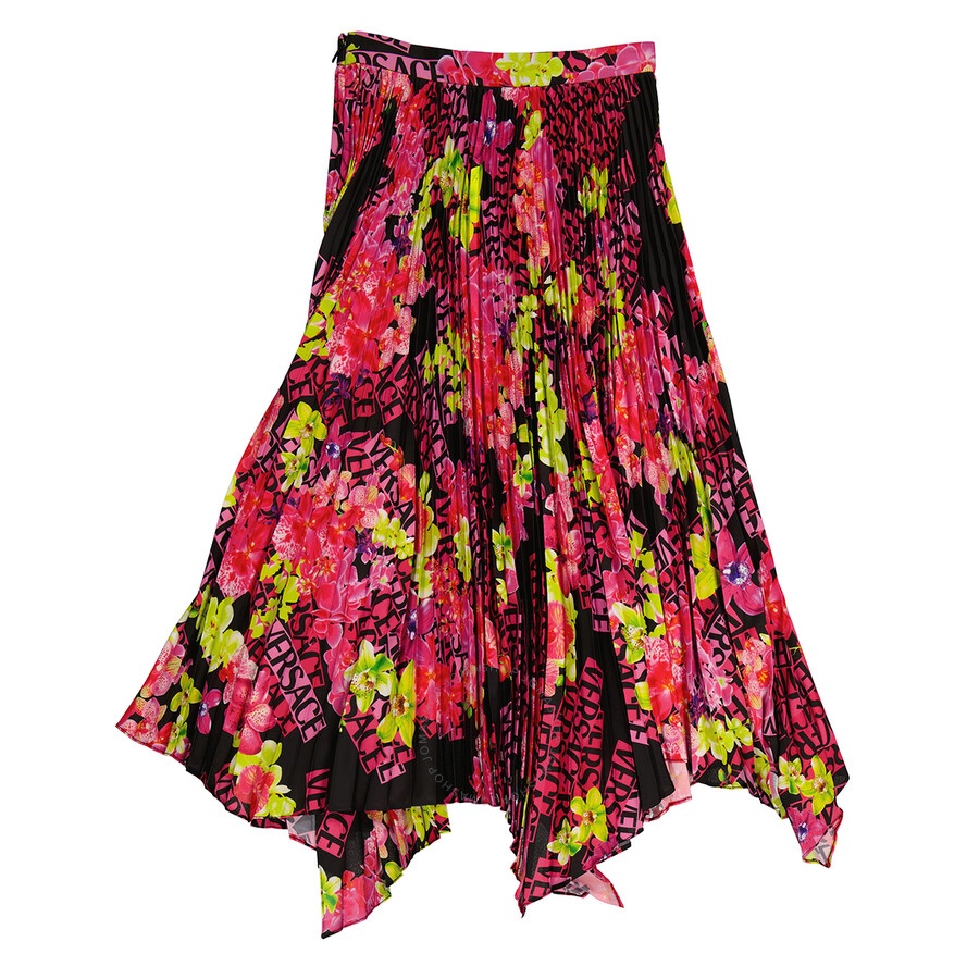 Versace Orchid Print Pleated Crepe De Chine Midi Skirt - 2
