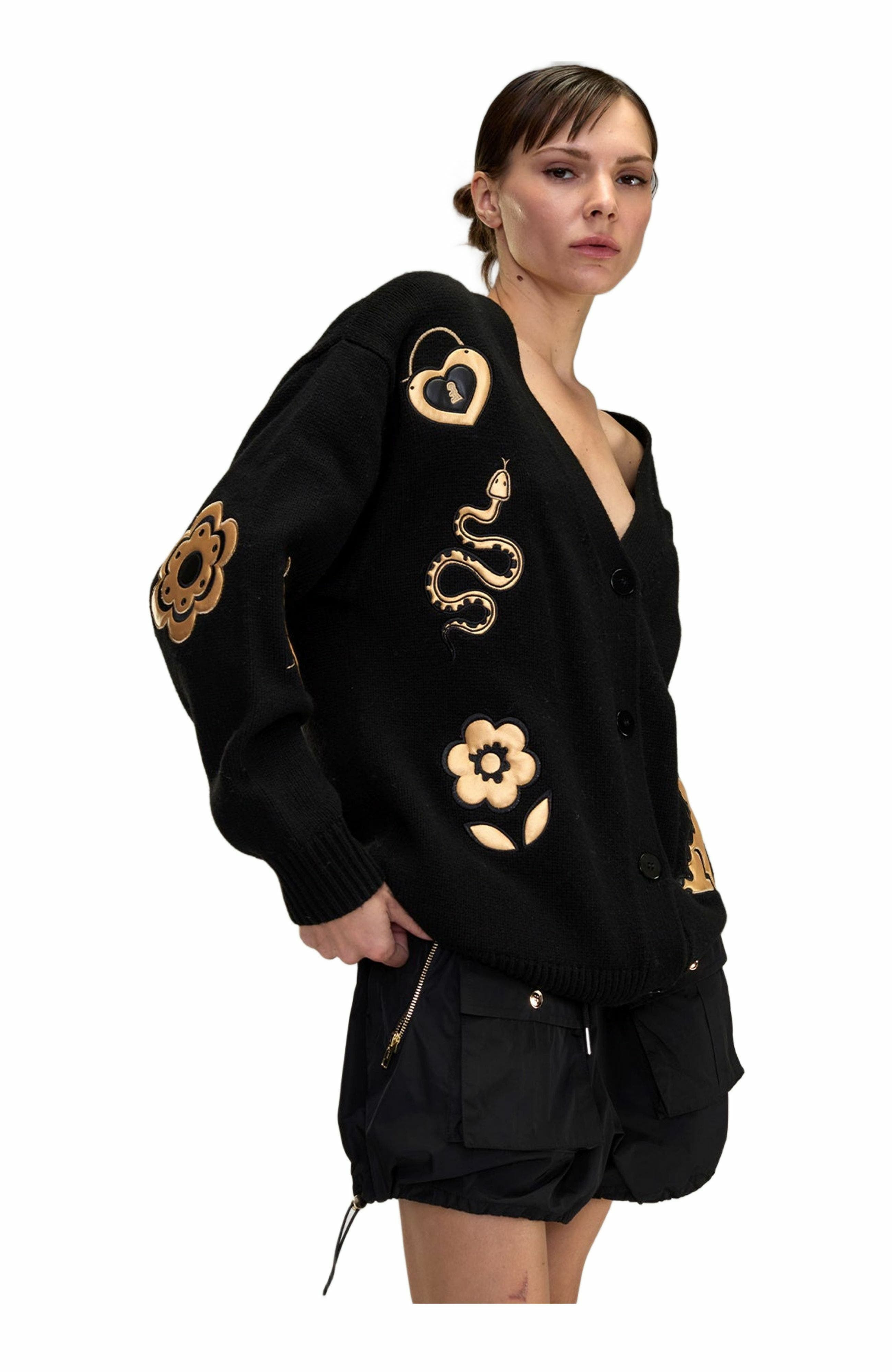 Cynthia Rowley Playful Patchwork Cardigan in Black_Gold at Nordstrom - 3