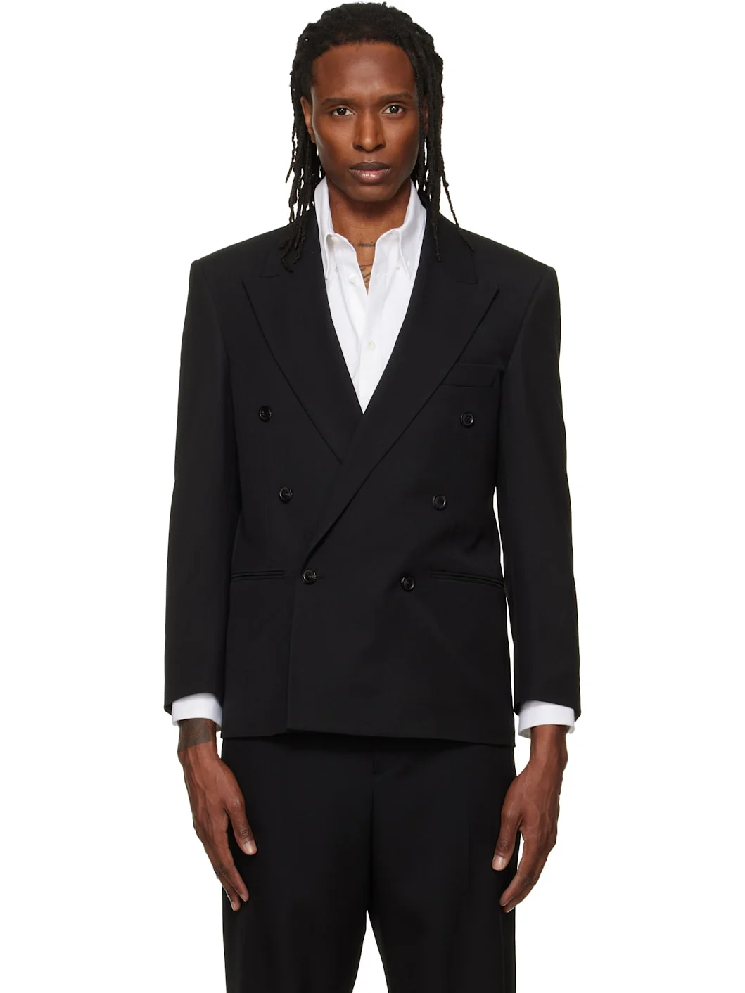 Black Wool Twill Double-Breasted Blazer - 1