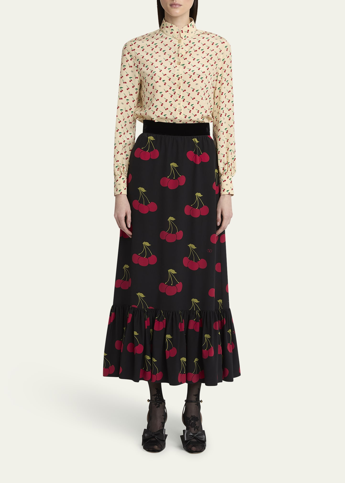 Cherry Print Flounce Silk Maxi Skirt - 2