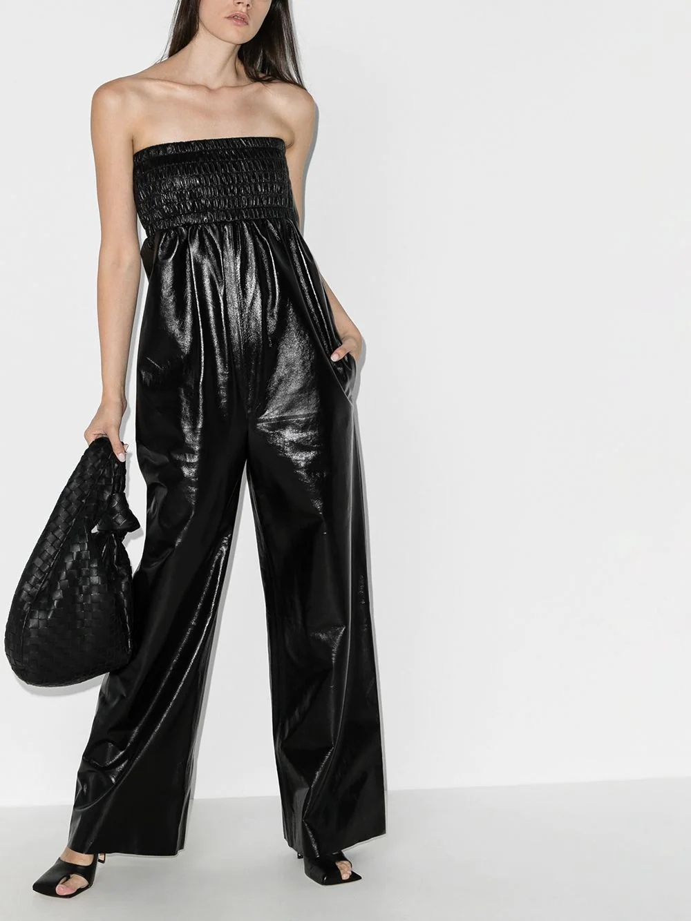 strapless leather jumpsuit - 2