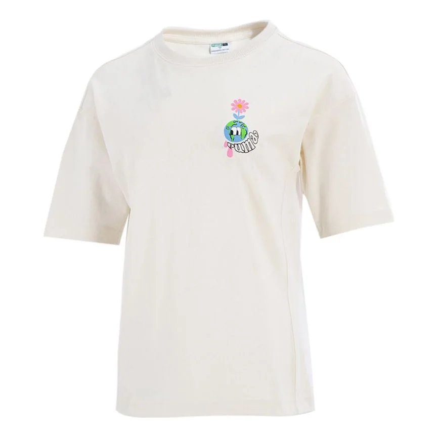 (WMNS) PUMA Downtown Graphic Printing Casual Sports Round Neck Short Sleeve Creamy White 533050-73 - 1