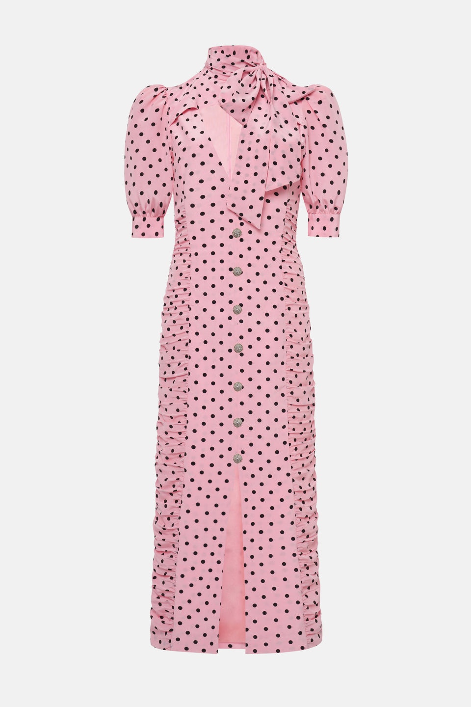 POLKA DOT PRINT SILK DRAPED DRESS WITH BOW - 1