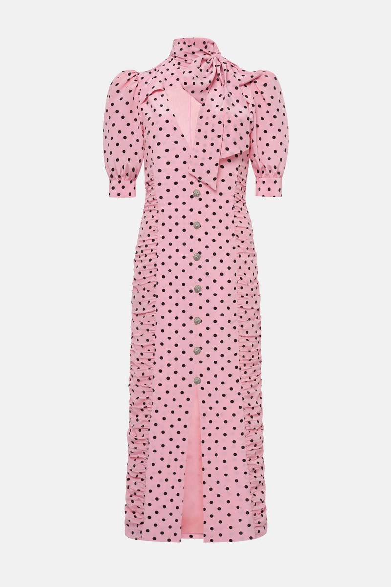 POLKA DOT PRINT SILK DRAPED DRESS WITH BOW 1