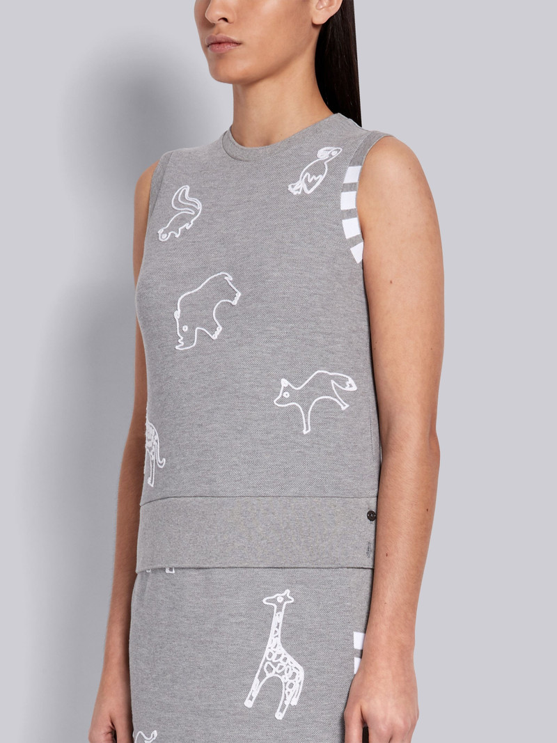 Thom Browne Light Grey Classic Cotton Pique Animal Icon Embroidery Crewneck 4-Bar Shell Top outlook