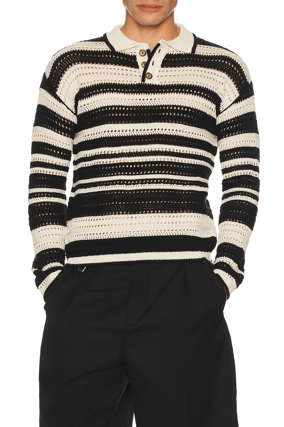 Crochet Long Sleeve Polo Shirt - 3