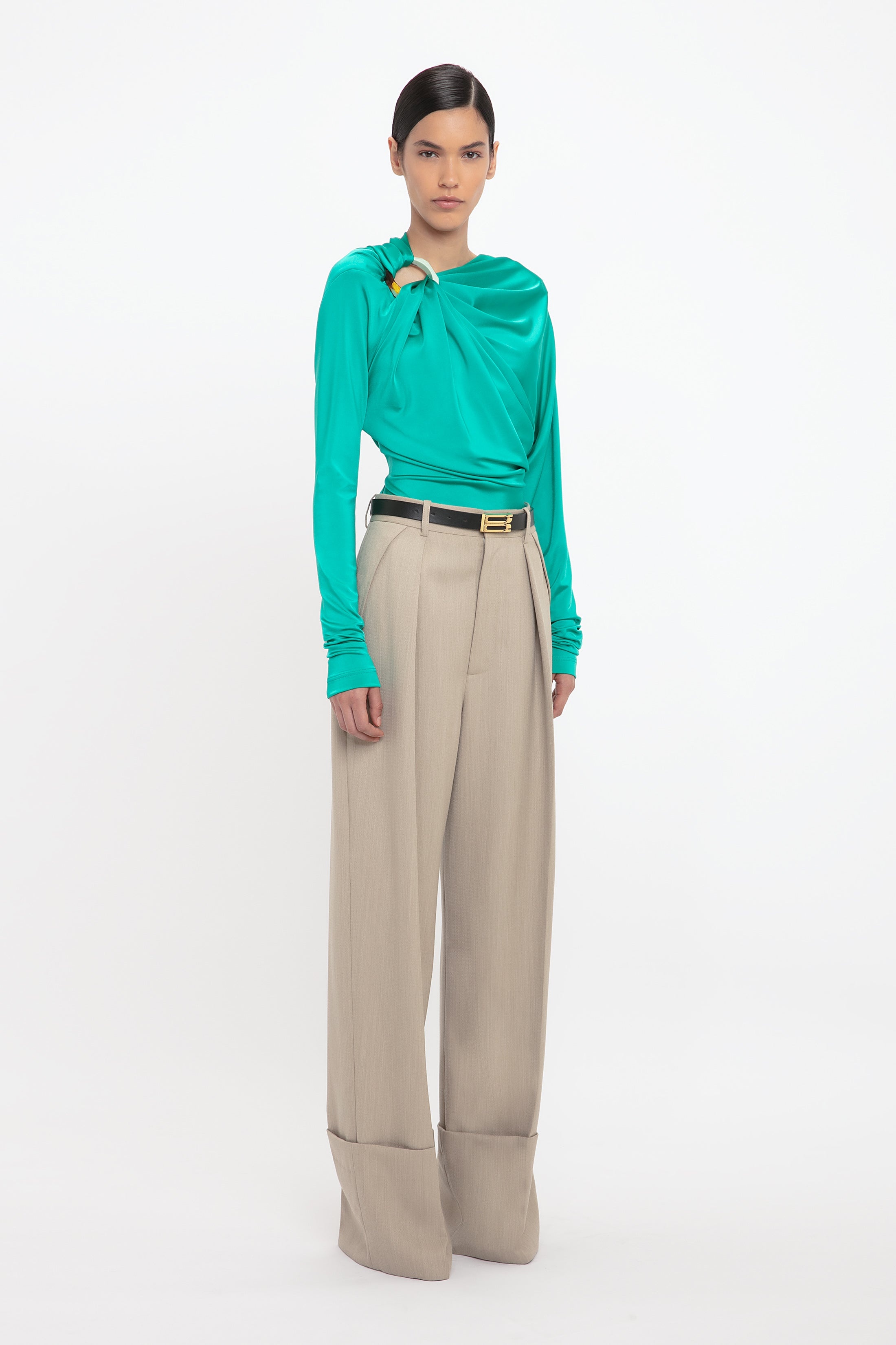 Long Sleeve Draped Jersey Top In Peacock - 3