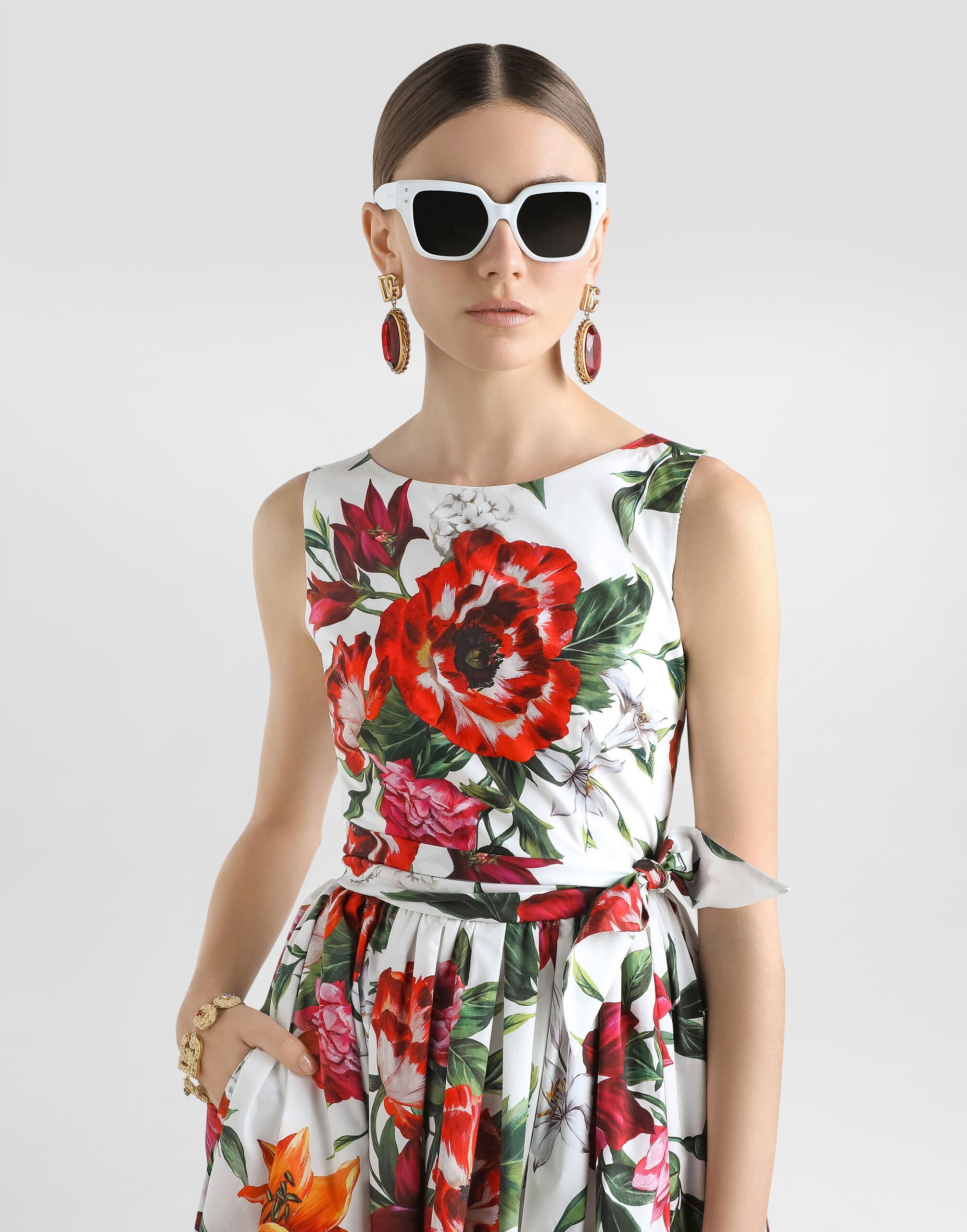 Flower-print sleeveless poplin dress - 4
