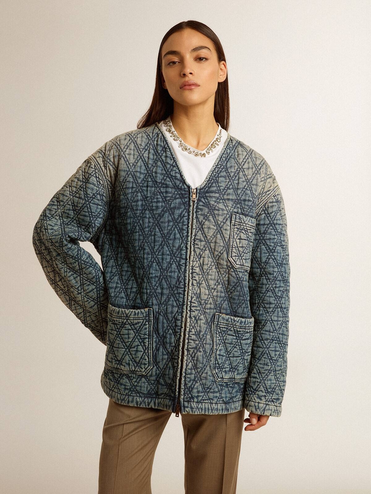 Women's blue quilted jacket in cotton denim with distressed finish - 2