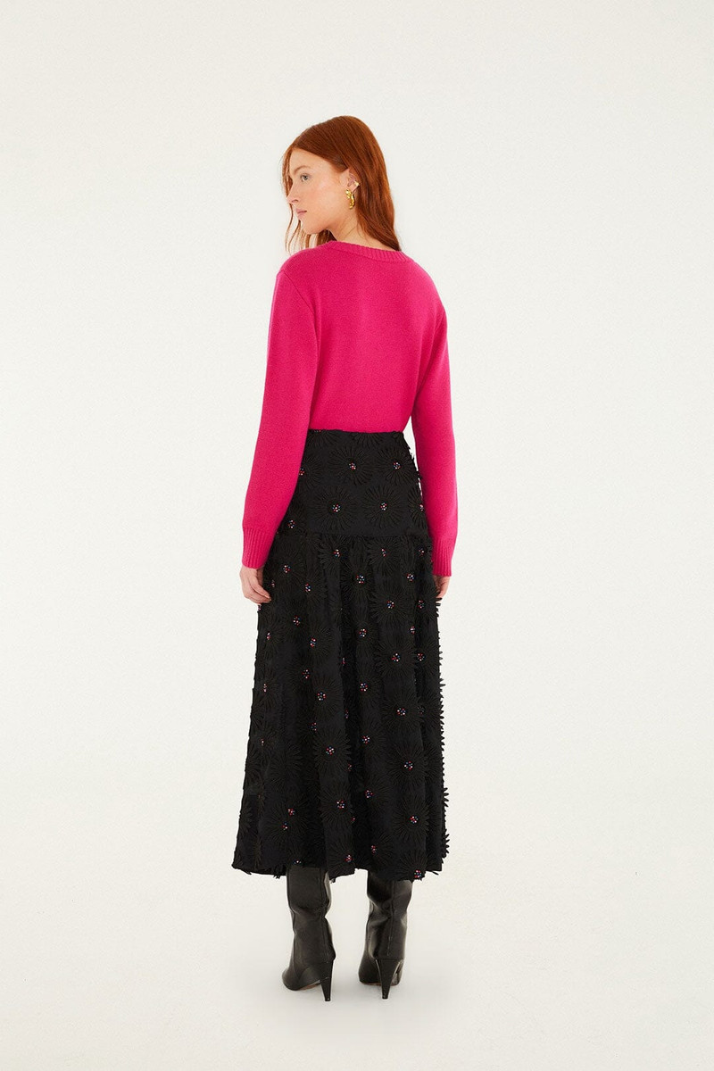 Black 3D Flowers Embroidered Midi Skirt 4