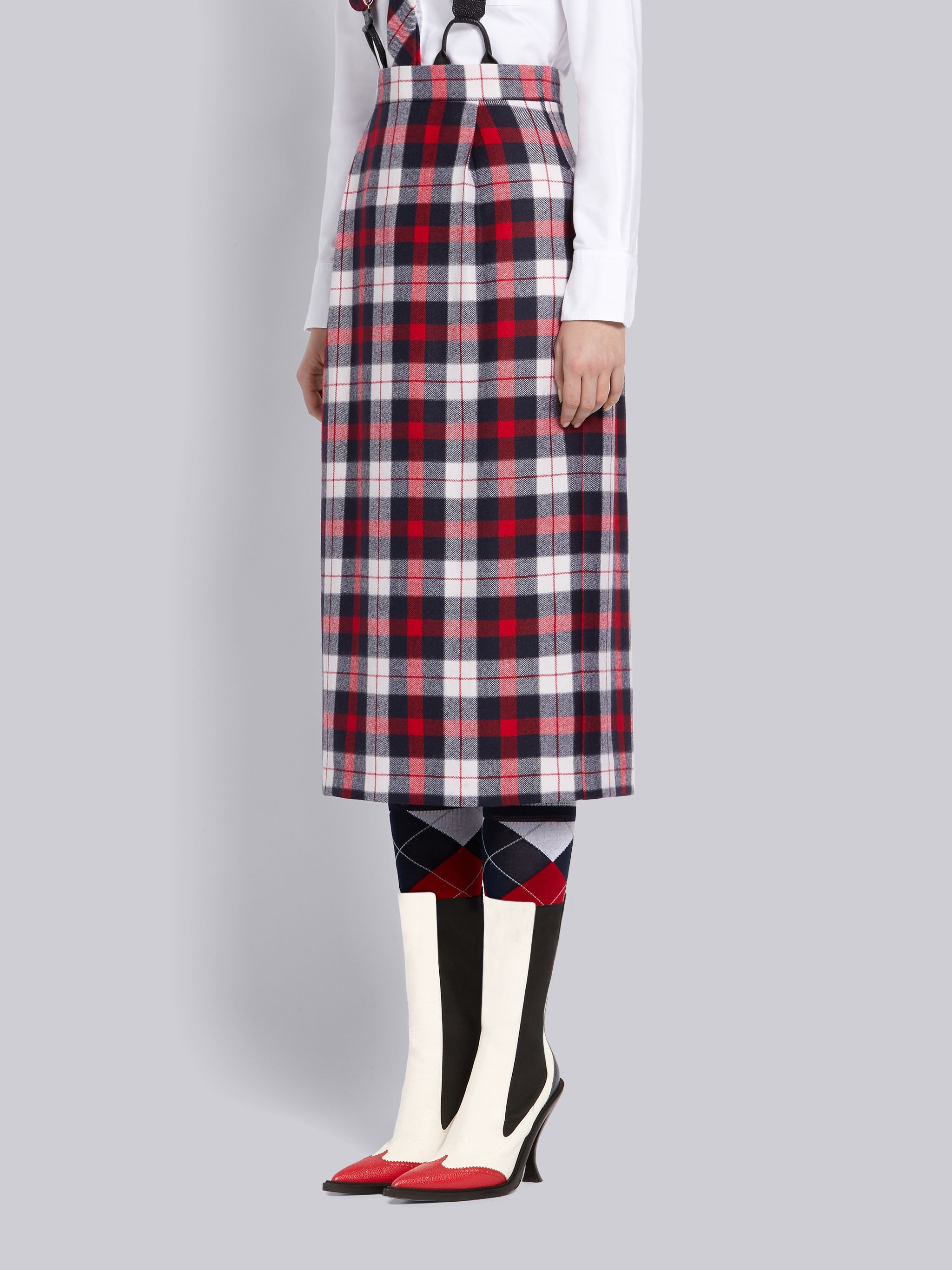 Tricolor Wool Twill Tartan Check High Waisted Pencil Skirt - 2