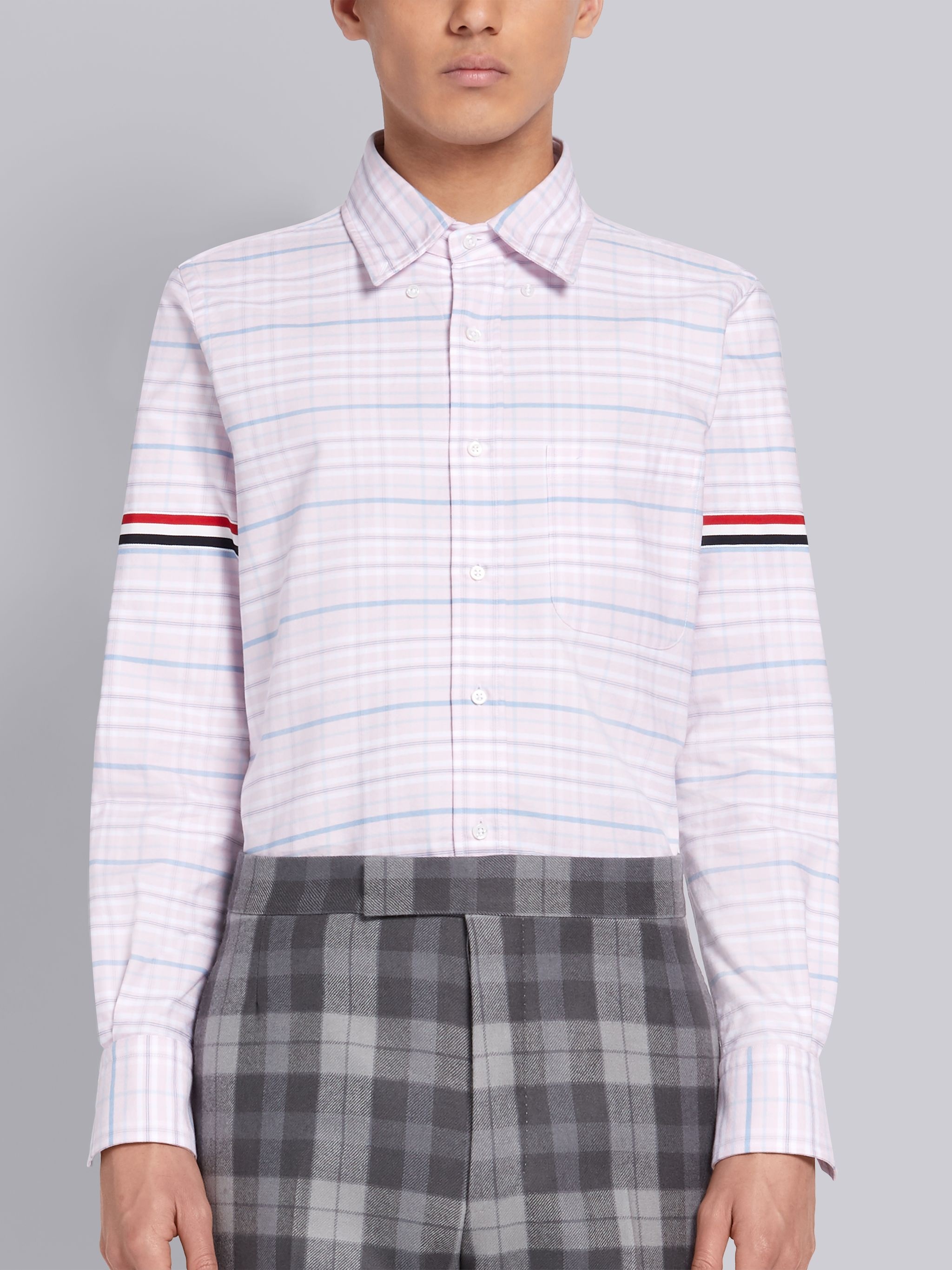 Pink Tricolor Cotton Oxford Check Grosgrain Armband Long Sleeve Shirt - 1