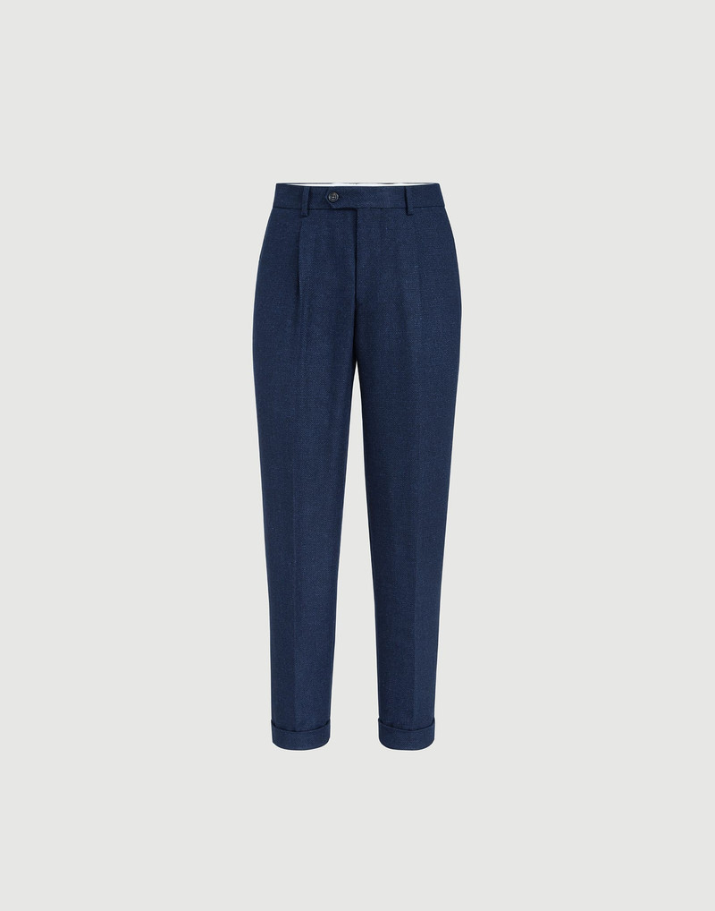 Silk, linen and wool hopsack trousers with pleat 1
