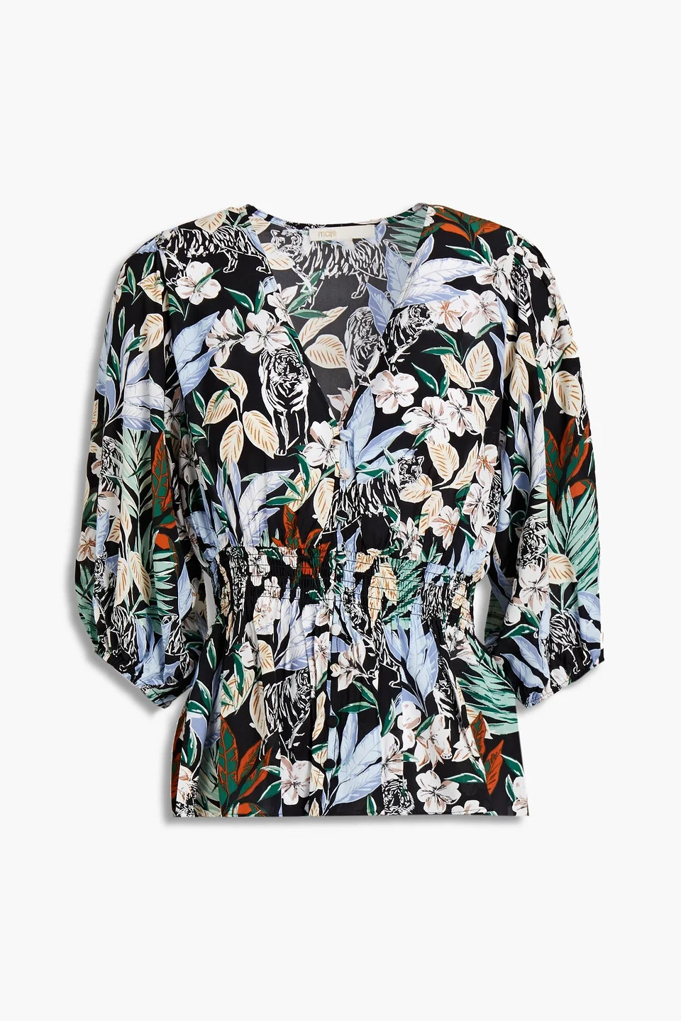 Shirred floral-print crepe de chine blouse - 1