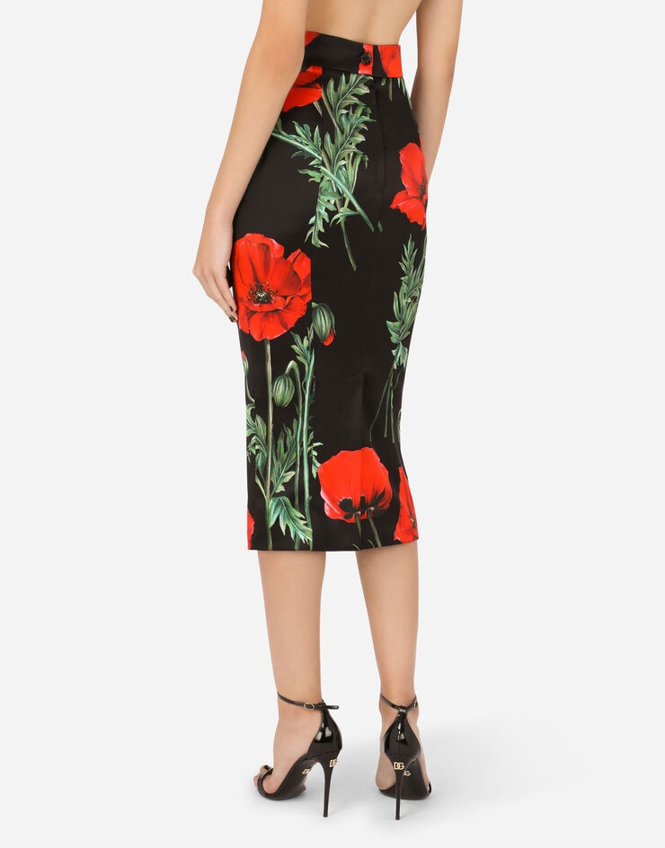 Poppy-print satin pencil skirt - 5