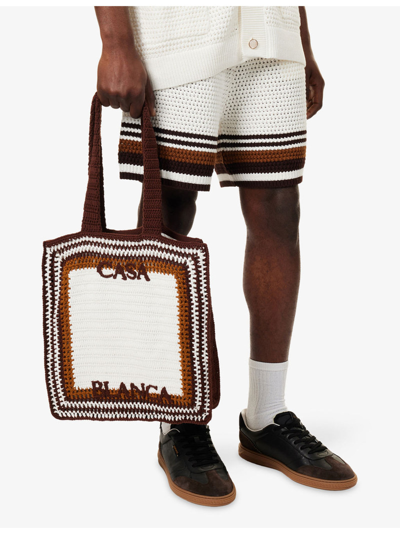 Embroidered-Logo Striped Cotton-Crochet Tote Bag 3