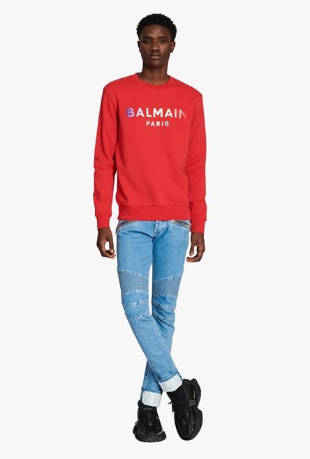 HIGH SUMMER CAPSULE - Red cotton sweatshirt with Balmain Paris tie-dye logo print - 2