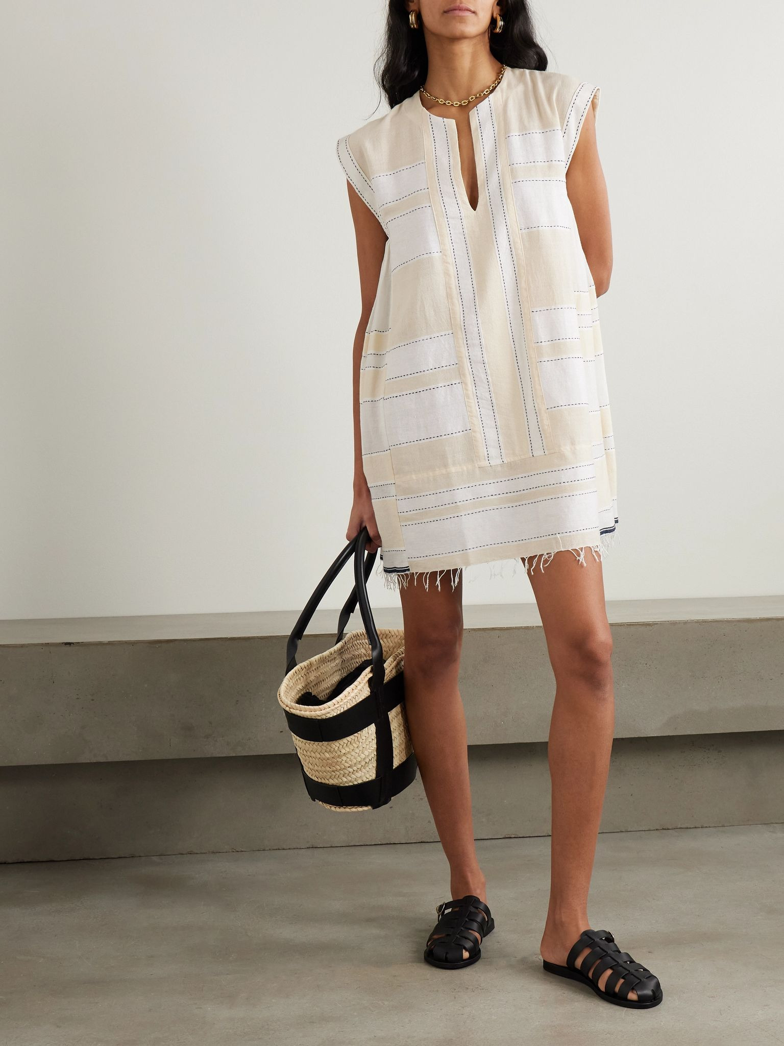 Elina fringed striped cotton-blend kaftan Cream - 2