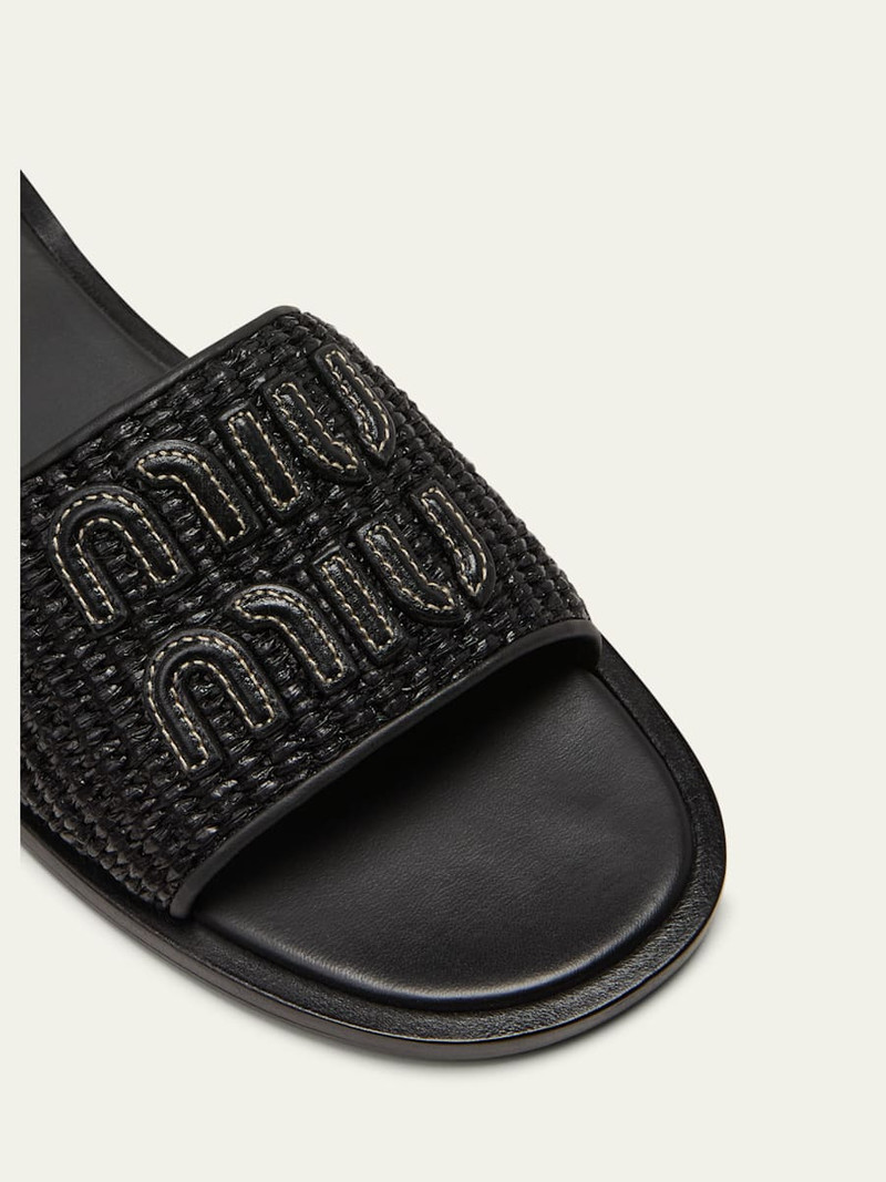 Miu Miu Raffia Logo Flat Slide Sandals outlook