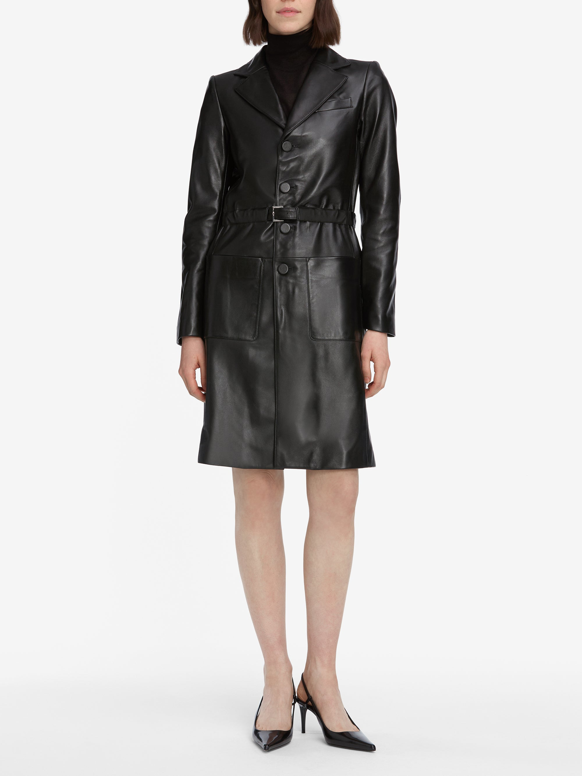 The Long Leather Belted Jacket in Black - 2