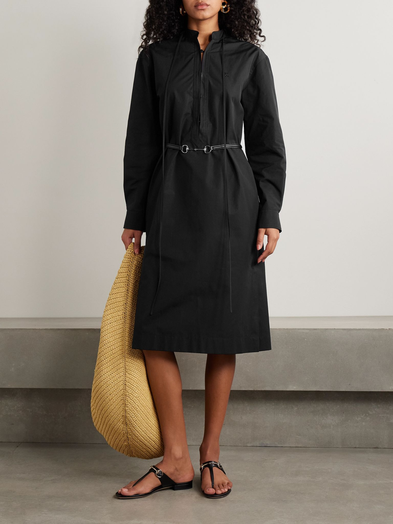 Belted cotton-poplin shirt dress Black - 2
