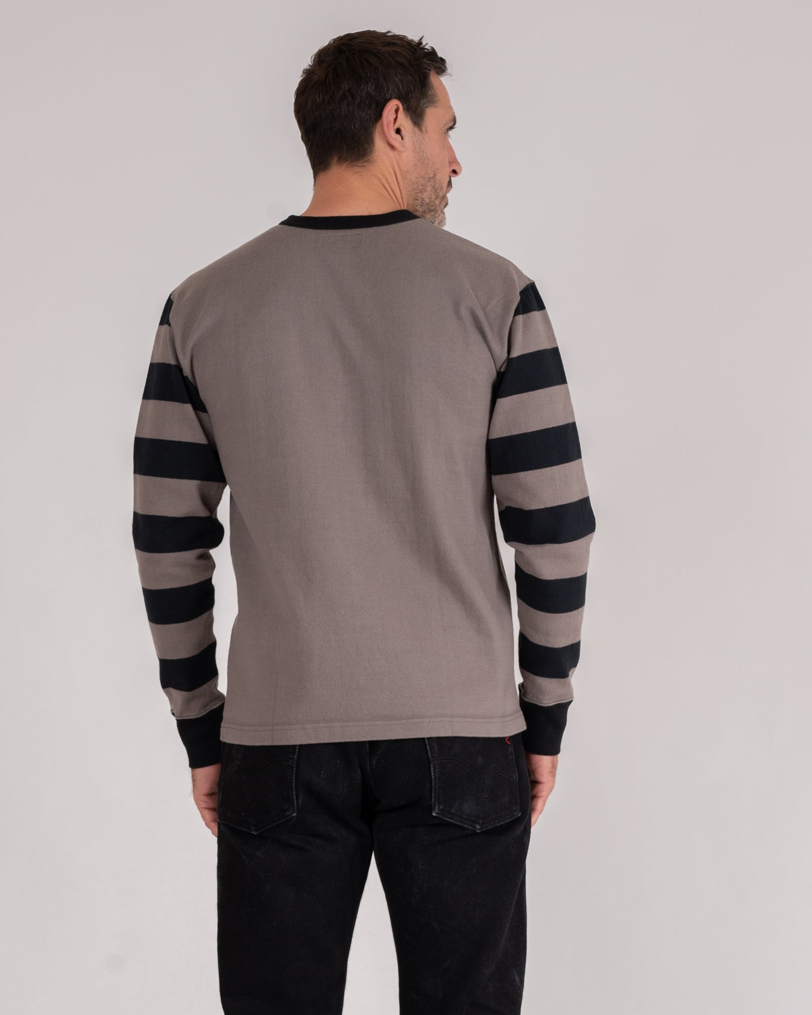 IHTB-12-GRY 11oz Cotton Knit Long-Sleeved Sweater - Grey Body with Stripes - 3
