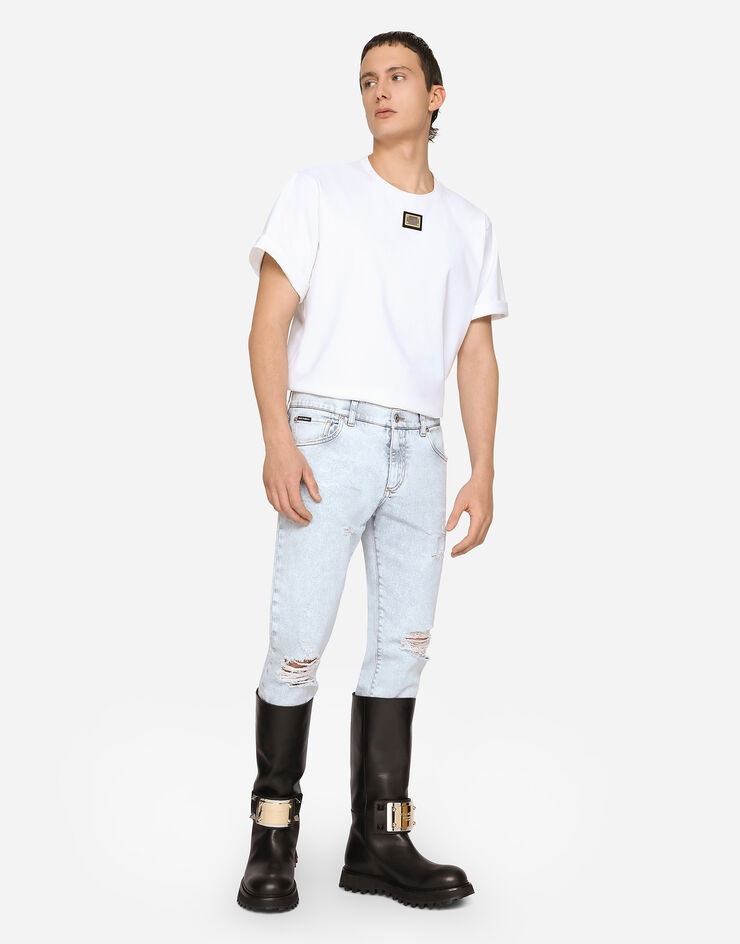 Stone-bleached slim-fit stretch jeans with rips - 1