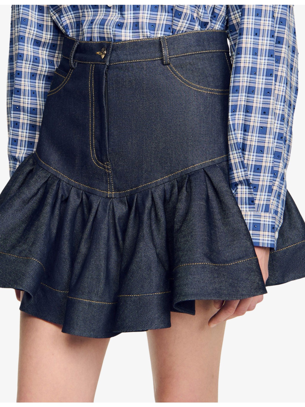 Ruffle-Hem Side-Pocket Denim Mini Skirt - 5