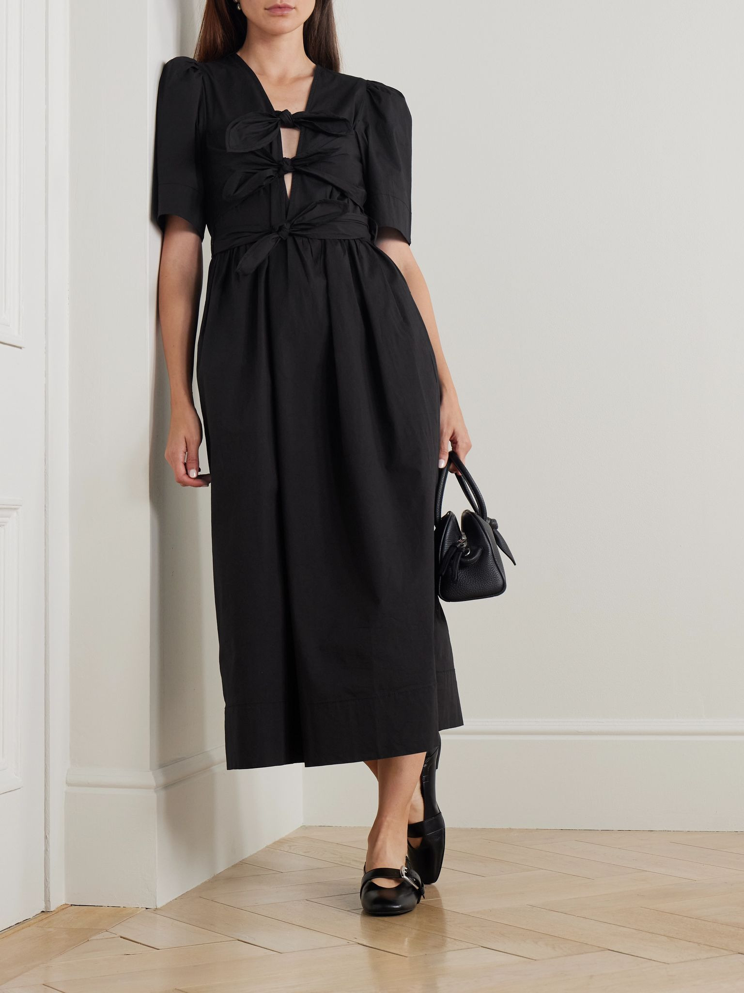 Belted bow-embellished stretch-cotton poplin midi dress Black - 2
