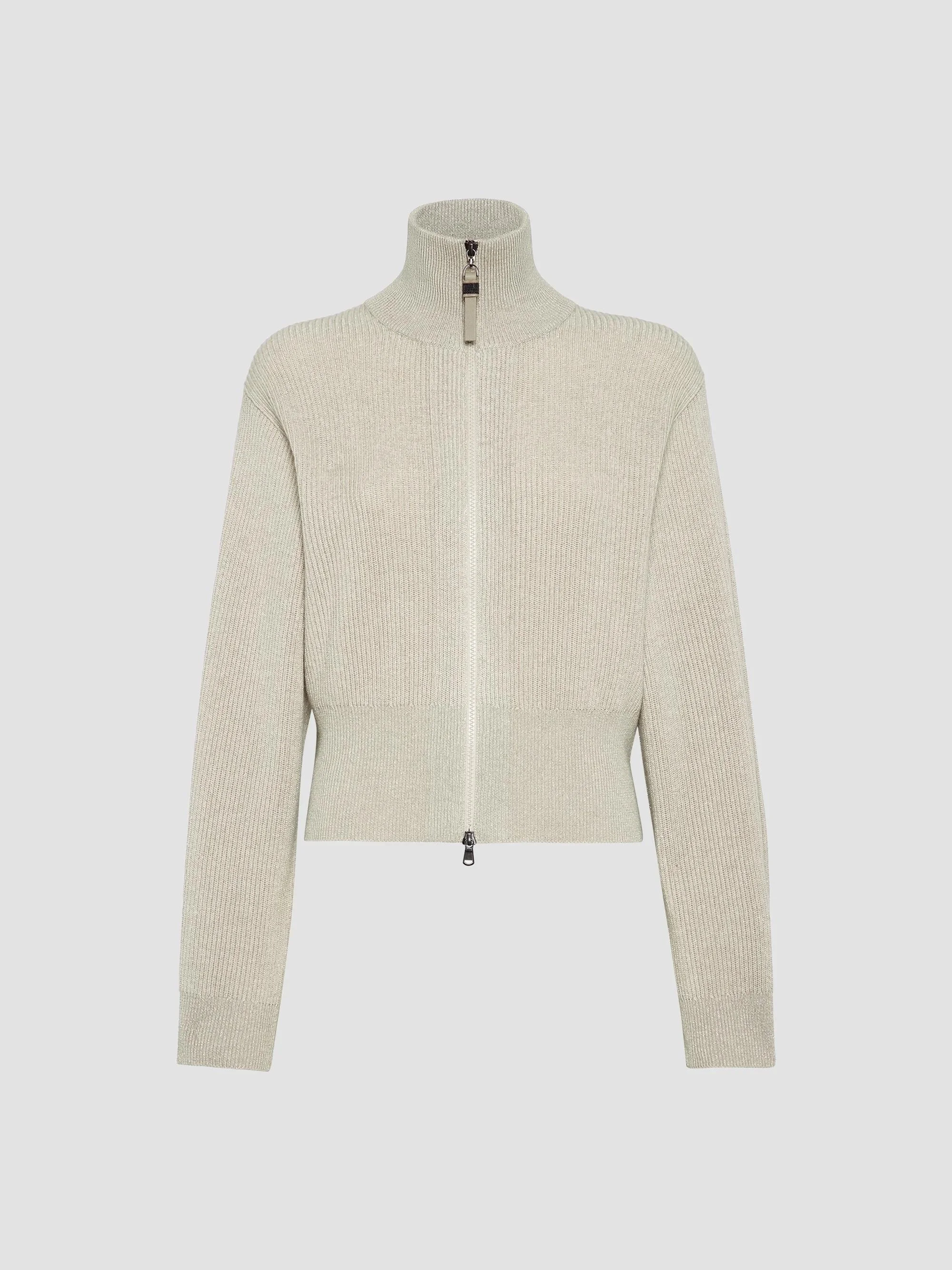 Women's Sparkling Cashmere English Rib Cardigan with Shiny Zipper Pull - Sand - 1
