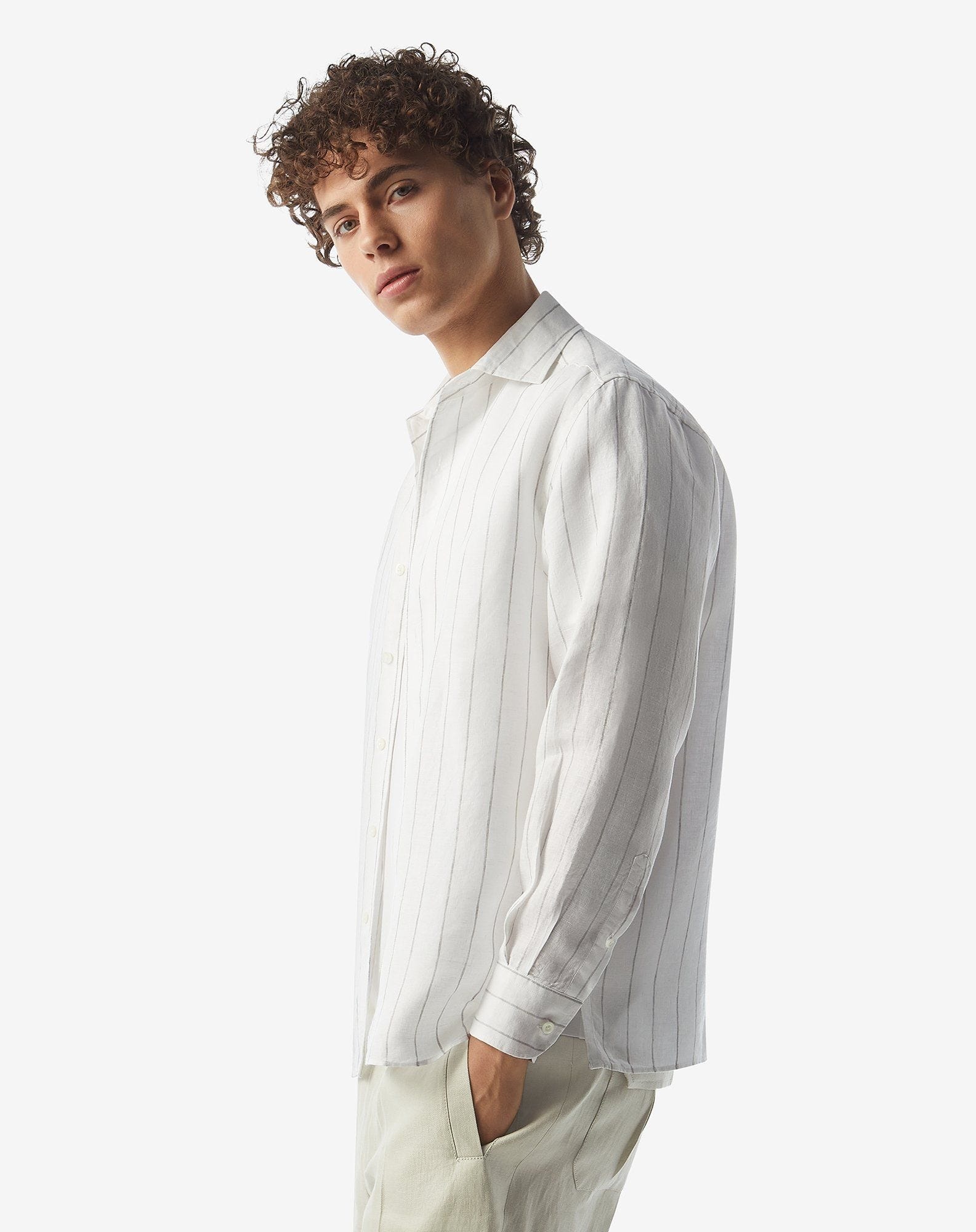 White pure linen shirt with grey striped pattern - 2