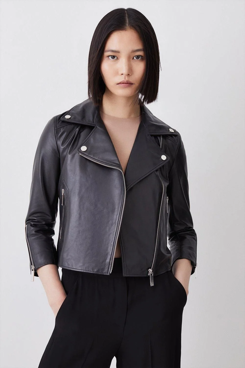 Leather Shrunken Biker Jacket - 1