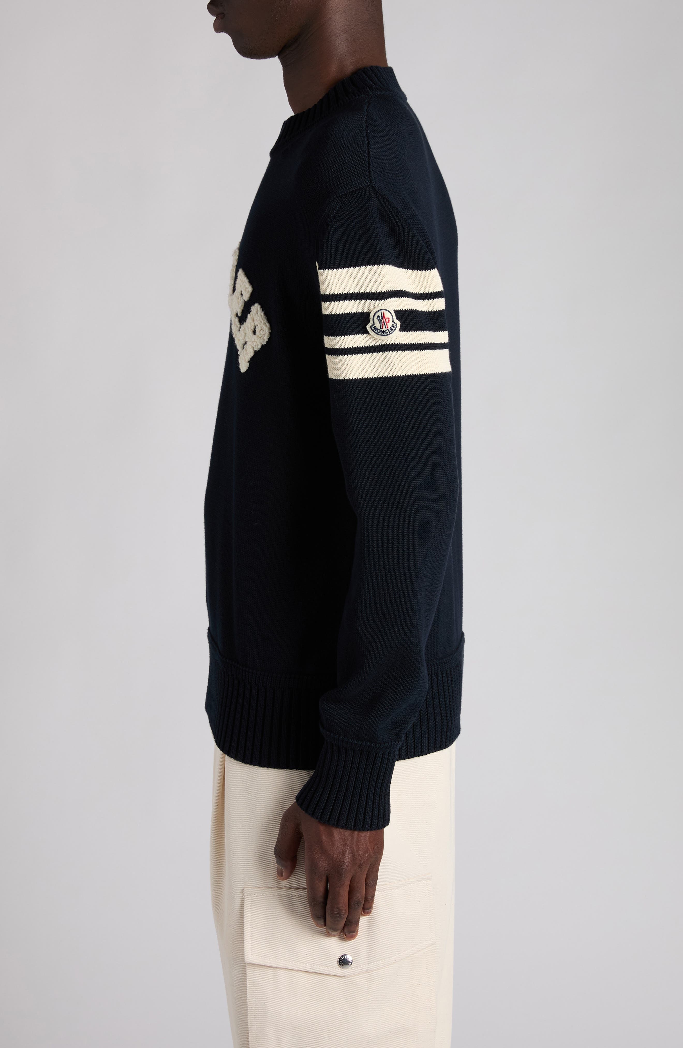 Moncler Logo Embellished Cotton Sweater in Obsidian Blue at Nordstrom - 3