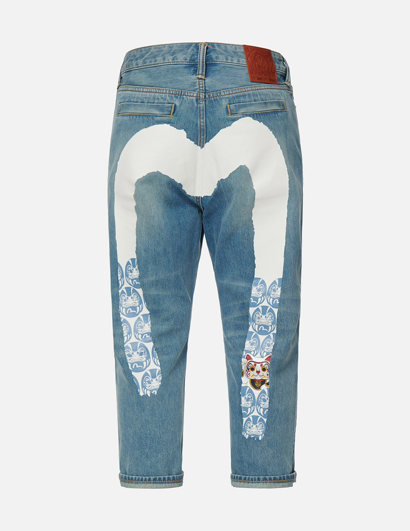 EVISU FORTUNE CAT AND DARUMA DAICOCK PRINT CROPPED FIT JEANS #2027 outlook