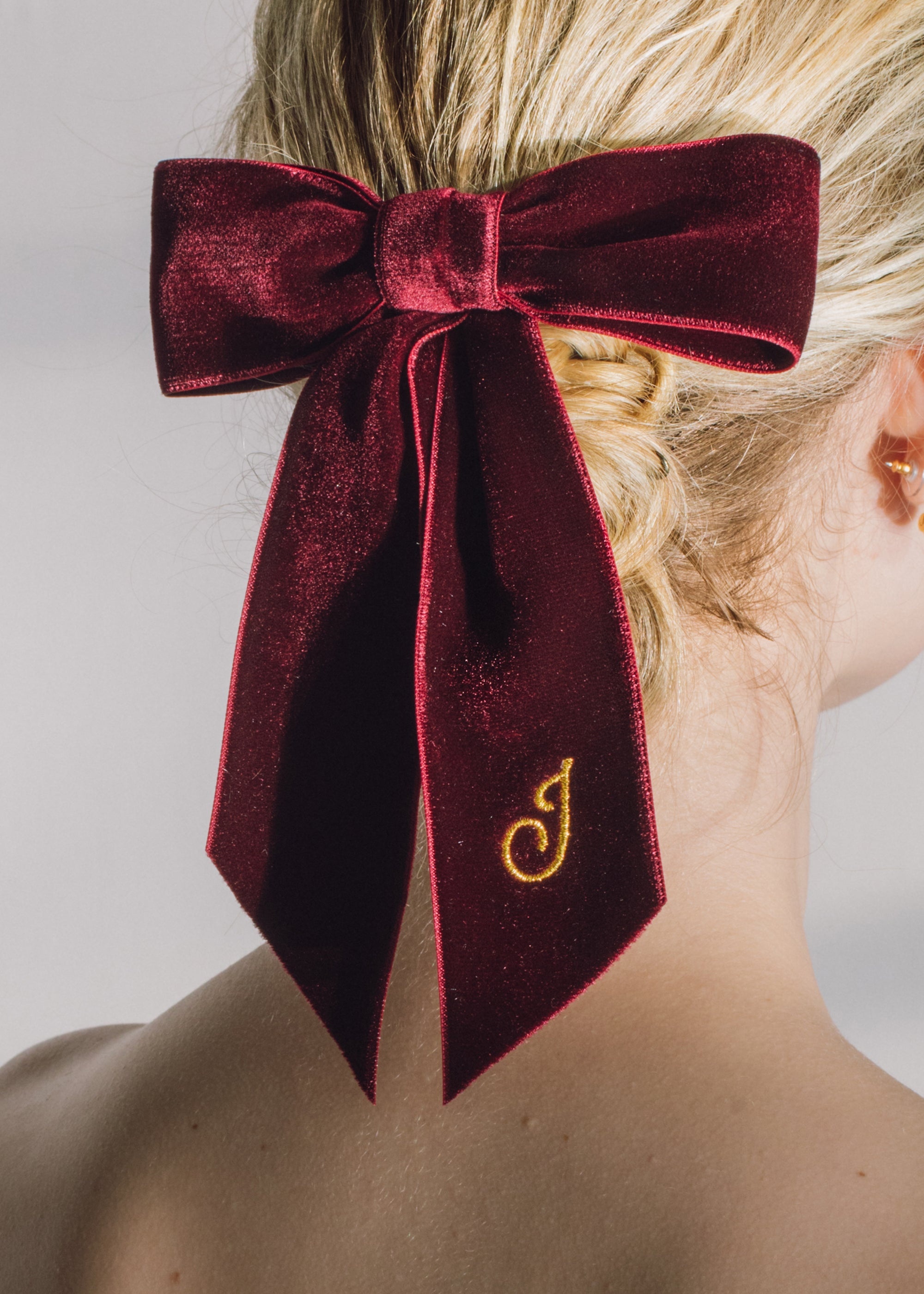 Initial Wide Velvet Bow Barrette - 3