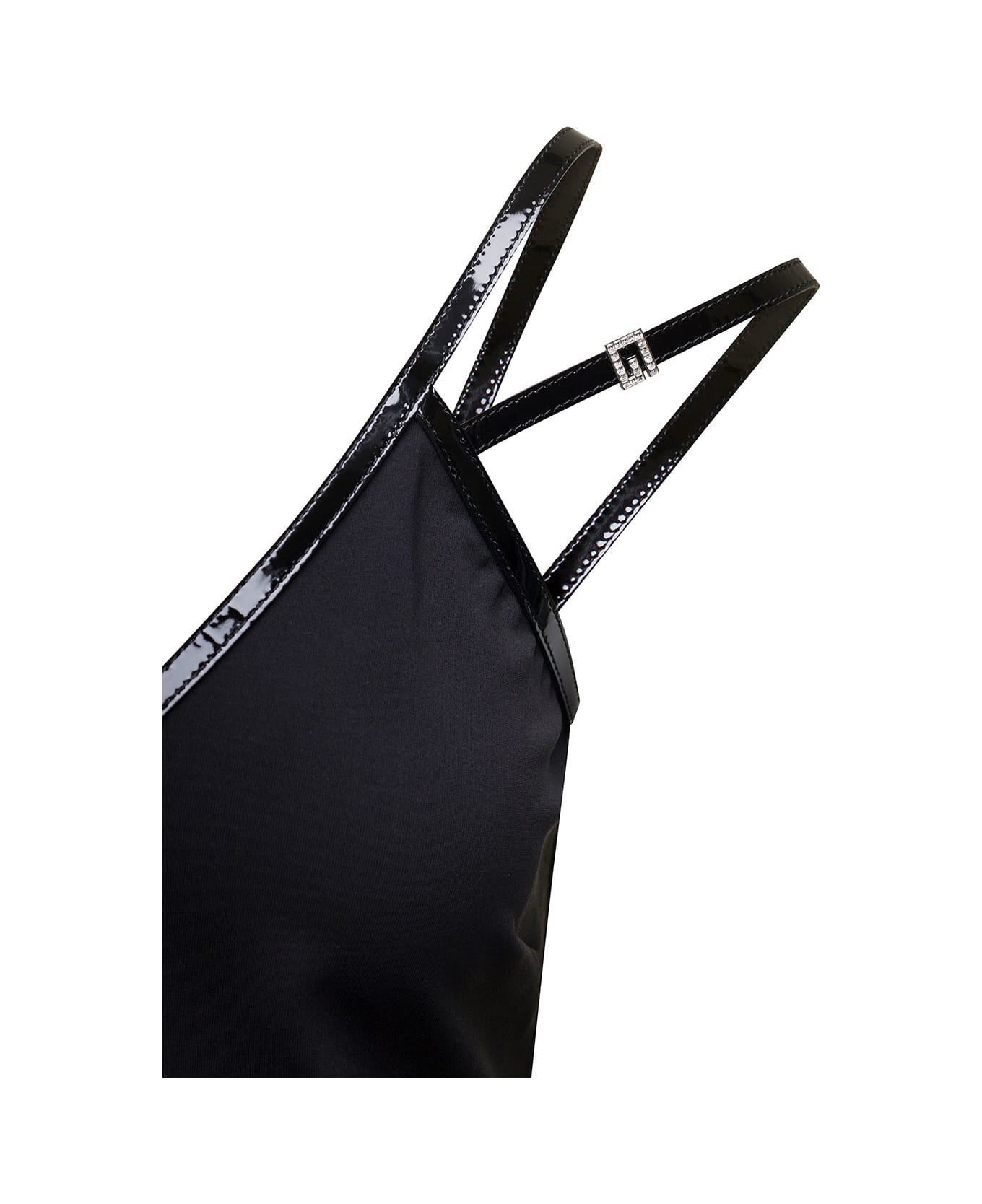 Mini Black Dress With Black Leather Trim And Double Strap In Stretch Viscose Woman - 3