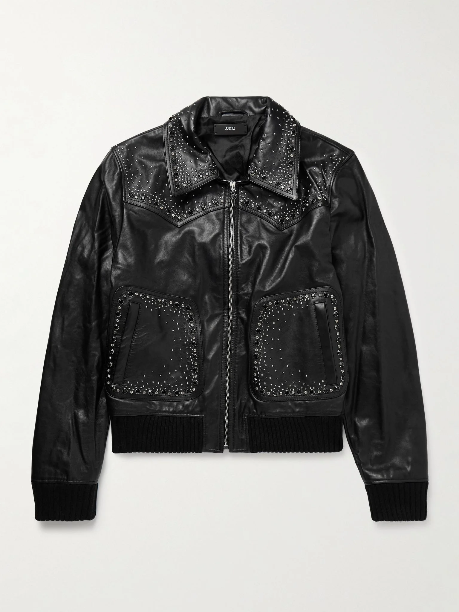 Embellished Leather Western Bomber Jacket Black - 1