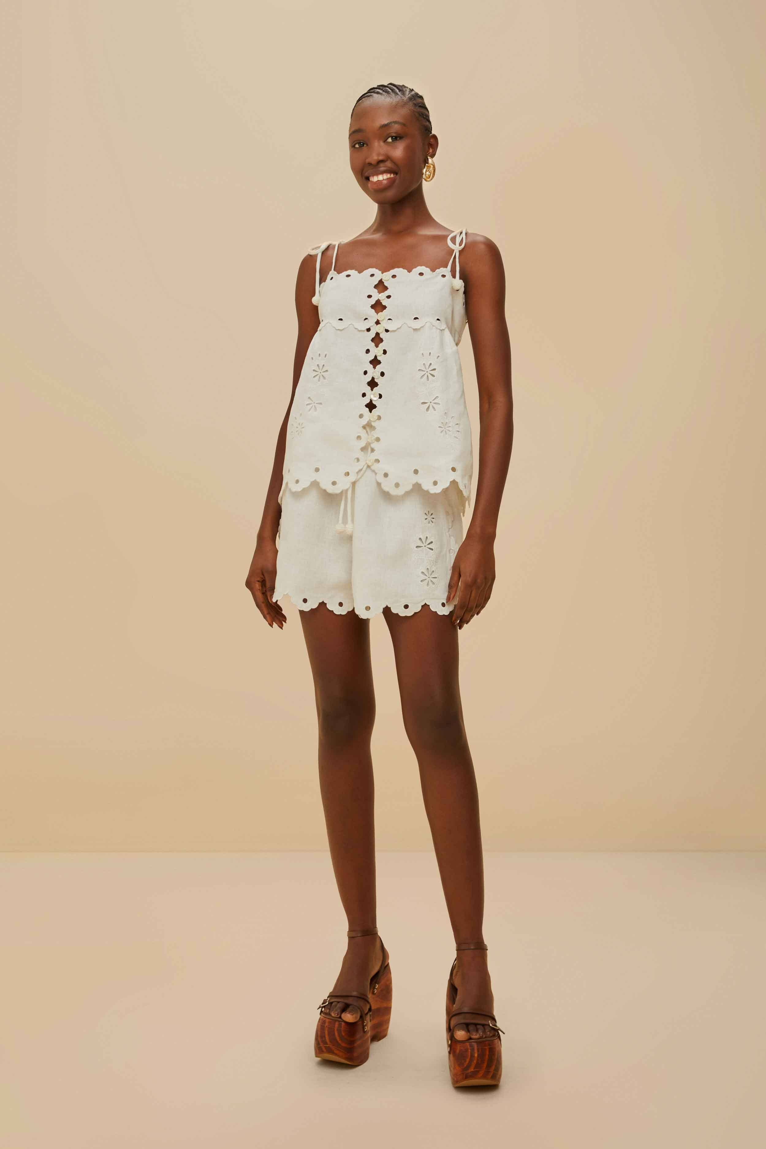 Off-White Flowers Richelieu Euroflax™ Premium Linen Blouse - 2