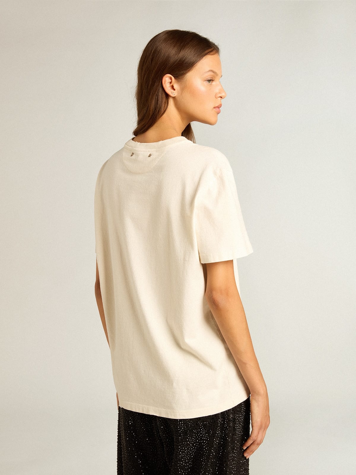Women’s cotton T-shirt in aged white with embroidered lettering - 4
