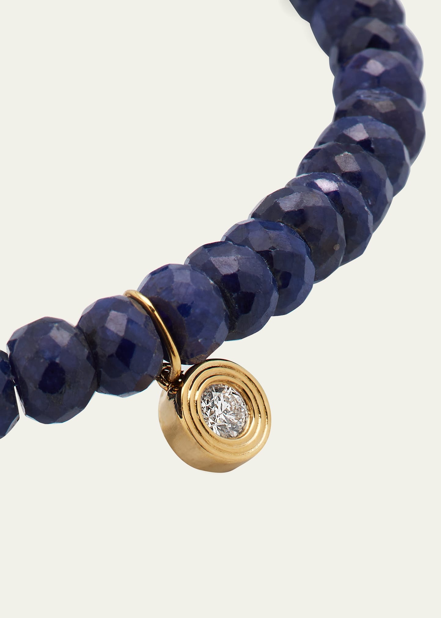 14K Gold Fluted Diamond Charm on Blue Sapphire Rondelle Bead Bracelet - 3